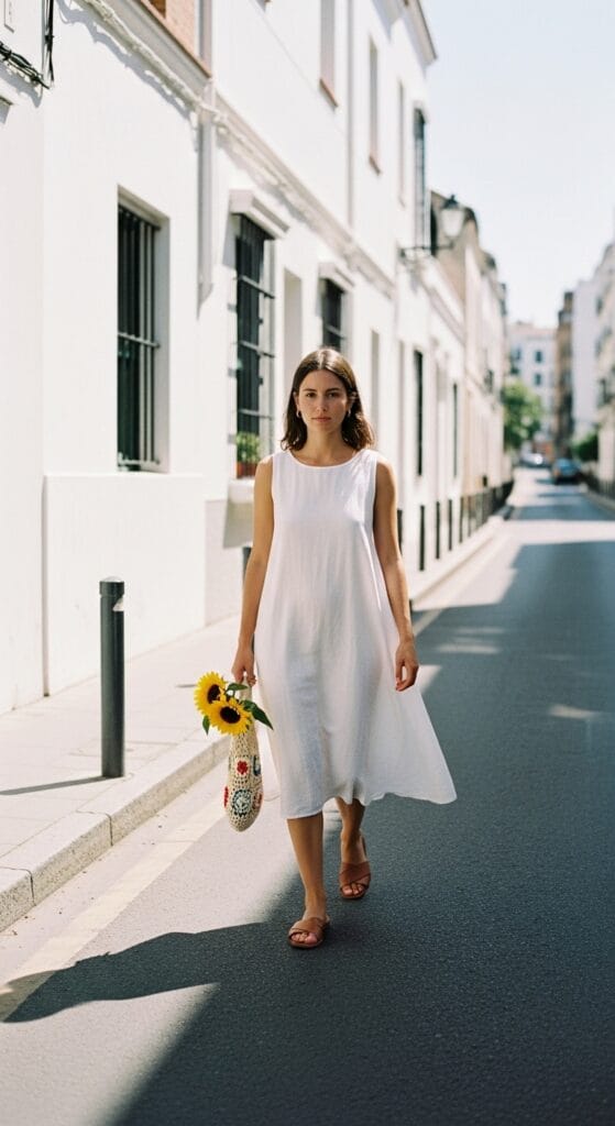 White Boho Dress Outfits That Feel Fresh and Effortlessly Angelic 6 Woman in white cheesecloth shift dress carrying crochet bag on a city street
