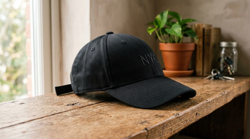 Cheap Father's Day Gift Ideas Under $25 10 Structured black baseball cap resting on a wooden shelf in soft diffused natural light.