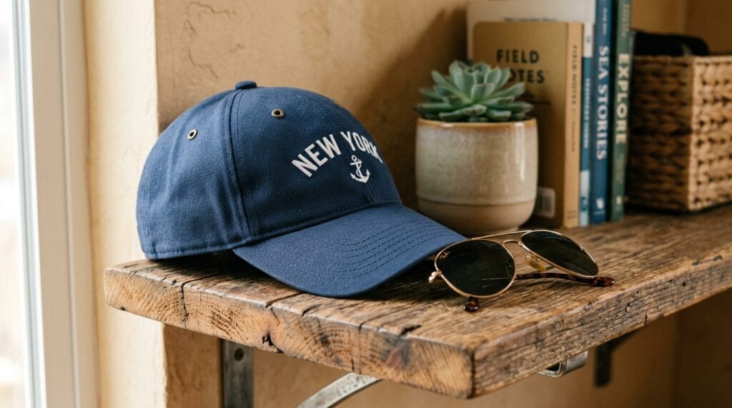 Cool Father's Day Gifts Going Viral Right Now 10 Structured baseball cap resting on a wooden shelf beside a pair of sunglasses