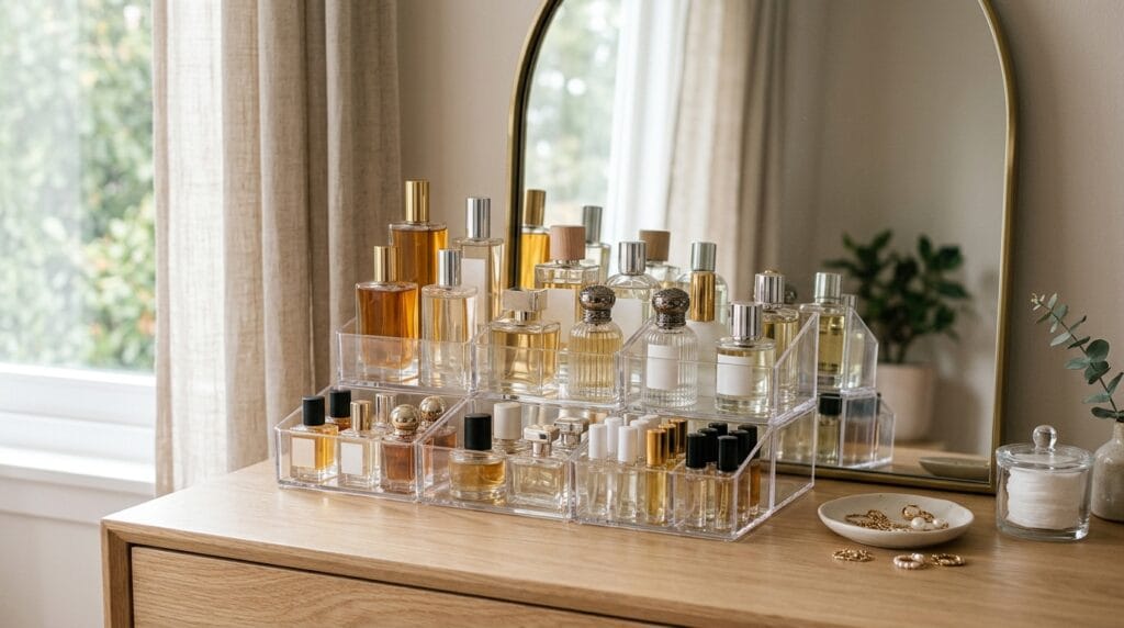 17 Chic Perfume Tray Ideas for a Luxurious Vanity Setup 10 Clear acrylic multi-compartment organizer holding sorted perfume bottles on a modern vanity dresser.