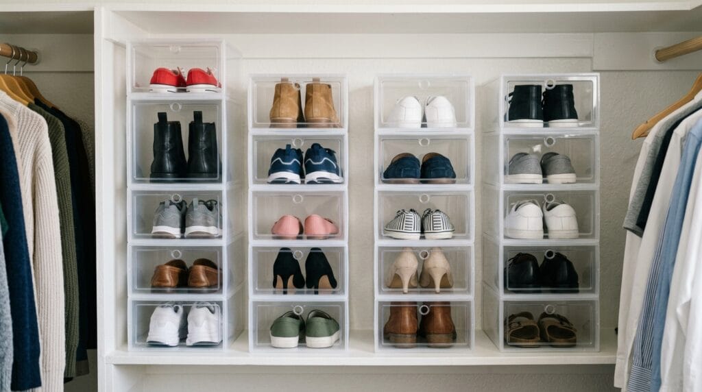 Shoe Storage and Entryway Organization: The Complete Guide 5 Stacked clear plastic shoe boxes on a closet shelf with visible paired shoes inside.