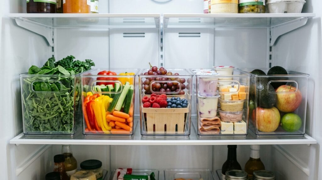 Refrigerator Organization Ideas for a Cleaner Fridge 2 Clear bins on a refrigerator shelf holding neatly grouped jars and food containers.