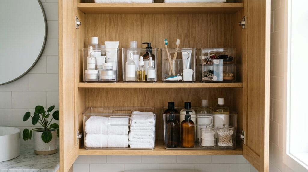 Budget Friendly Bathroom Organization: Full Reset Under $40 2 Clear storage bins neatly arranged inside organized bathroom cabinet shelving