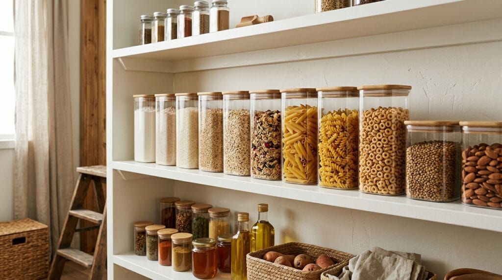 Kitchen and Pantry Organization: The Full Room Guide 2 Open pantry shelves with matching clear airtight containers holding neatly arranged dry pantry goods.