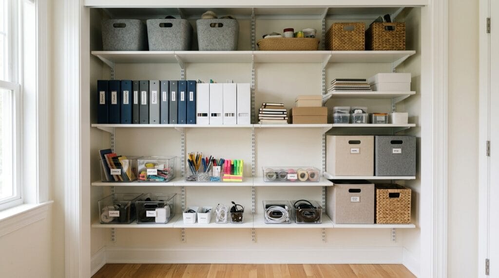 Home Office Organization Ideas: Desk, Closet and Storage 6 Closet interior with adjustable shelving holding files, supplies, and storage bins neatly.