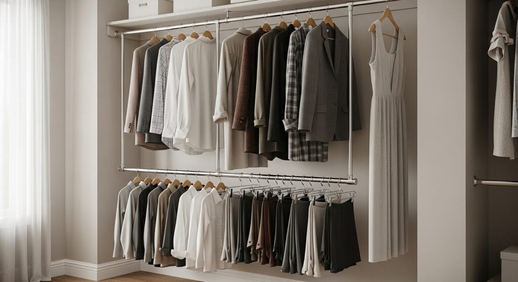 Bedroom Organization Ideas: From Dresser to Closet 8 Bedroom closet with rod doubler showing two hanging levels of organized shirts and jackets.