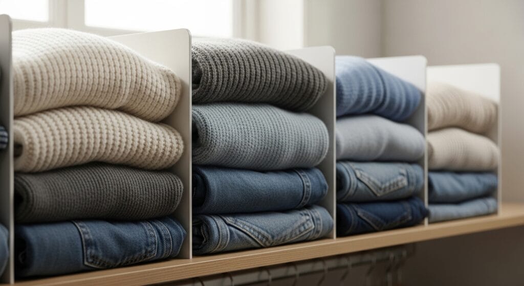 Bedroom Organization Ideas: From Dresser to Closet 3 Closet shelf with vertical dividers keeping folded sweaters and clothing neatly separated.