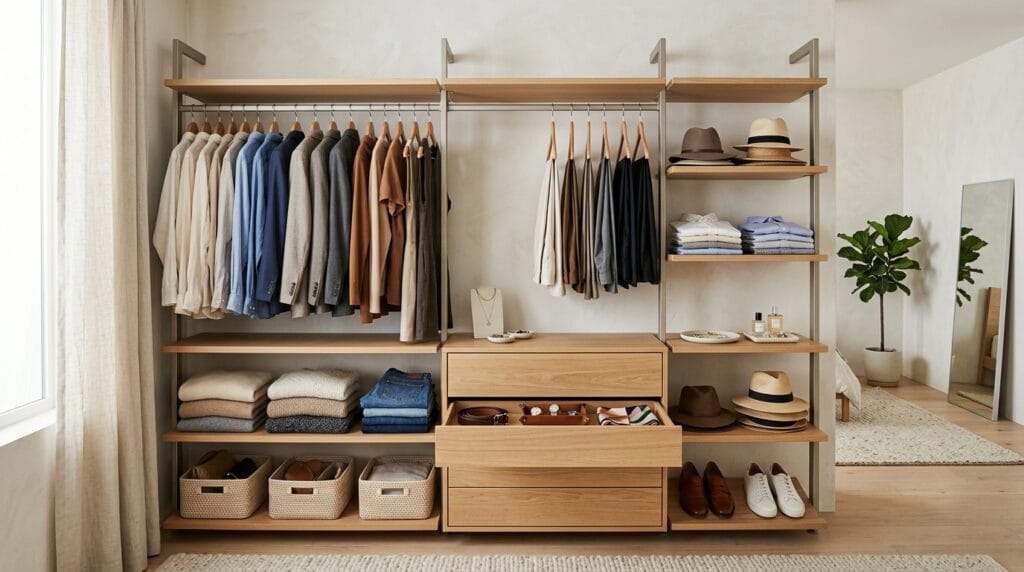 Bedroom Organization Ideas: From Dresser to Closet 15 Modular bedroom closet system with shelves, drawers, and hanging sections neatly holding clothing items.