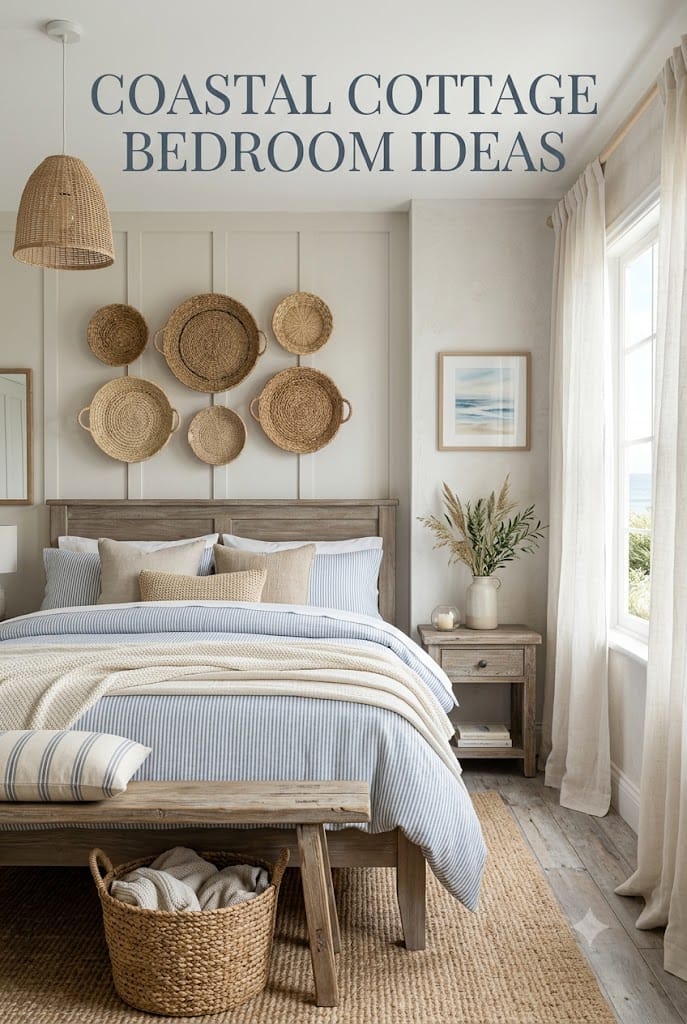 Coastal cottage bedroom ideas: charming and beachy 2 Coastal cottage bedroom with striped bedding, woven decor, sheer curtains, and beach-inspired accents.