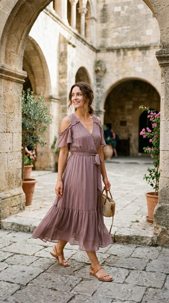 18 Summer Vacation Dresses That Pack Light & Look Amazing 14 Woman in cold-shoulder chiffon midi dress with waist tie in historic cultural site courtyard