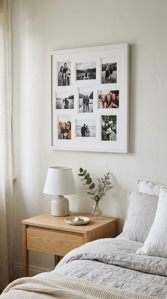 White collage photo frame with multiple openings displayed on a light bedroom accent wall