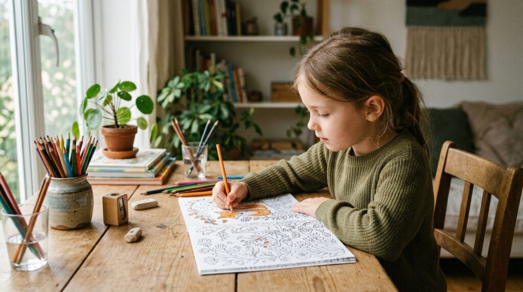 Child coloring illustrated activity pages at desk beside school supplies.