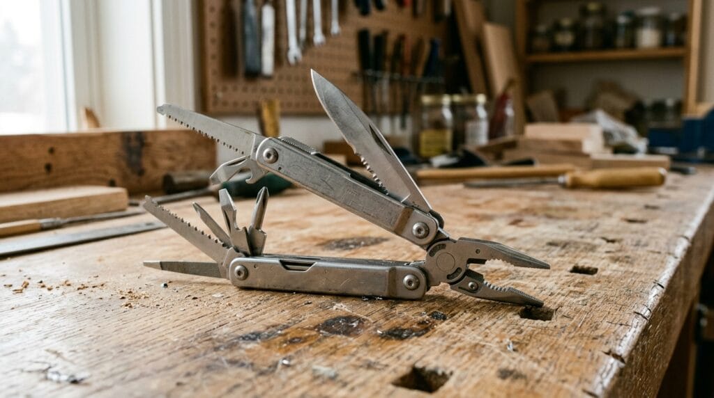 Cheap Father's Day Gift Ideas Under $25 4 Open compact multi-tool set with visible blades displayed on a wooden workshop surface.