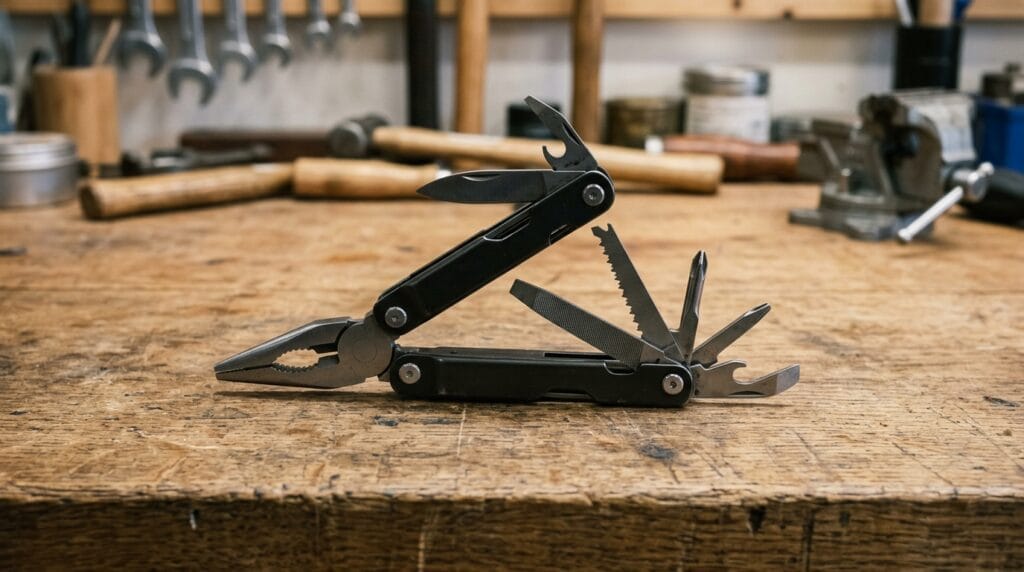 Cool Father's Day Gifts Going Viral Right Now 3 Compact multi-tool set spread open on a wooden workshop bench in natural light