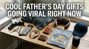 Assorted father's day gift items arranged on a natural wood surface in soft light