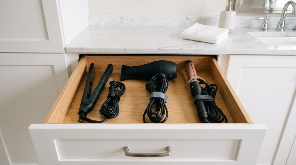 Best Hair Tool Storage Ideas for Your Bathroom (Wall + Drawer) 9 Three styling tools in open bathroom drawer with neatly wrapped cords using cord clips.
