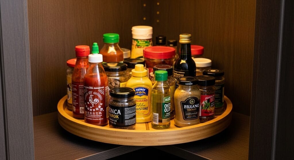 Small Kitchen Layout Ideas: The Best Configurations for Tiny Spaces 9 Bamboo lazy susan turntable inside a corner kitchen cabinet holding condiment jars and pantry items.