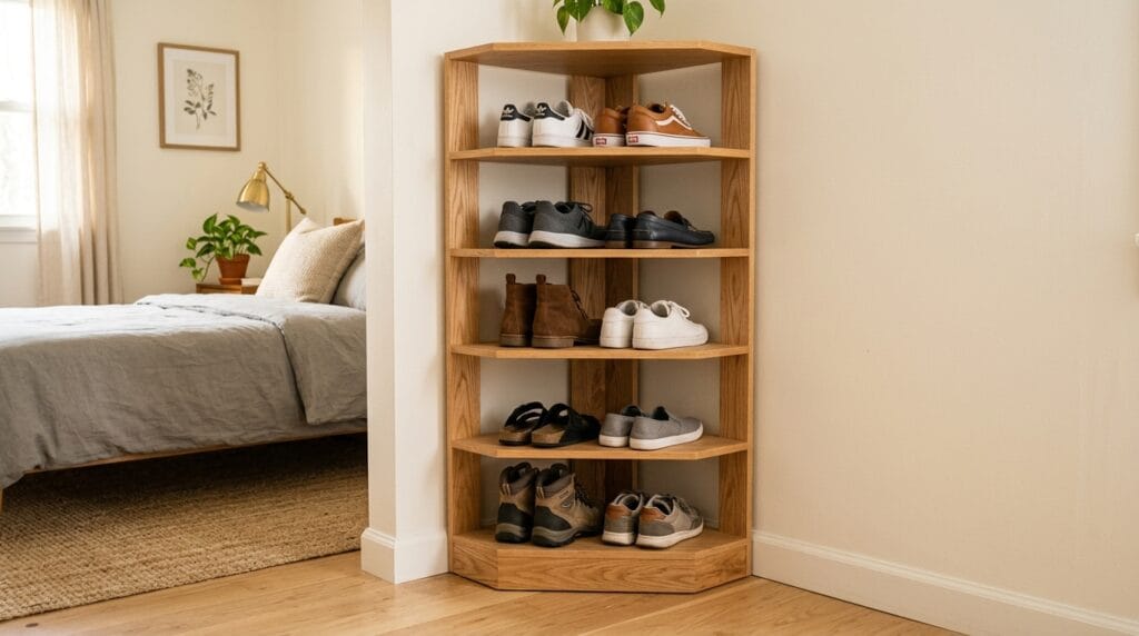 15 Shoe Storage Ideas for Small Spaces (Every Room) 11 Corner wooden shelf unit holding organized pairs of shoes in a small bedroom