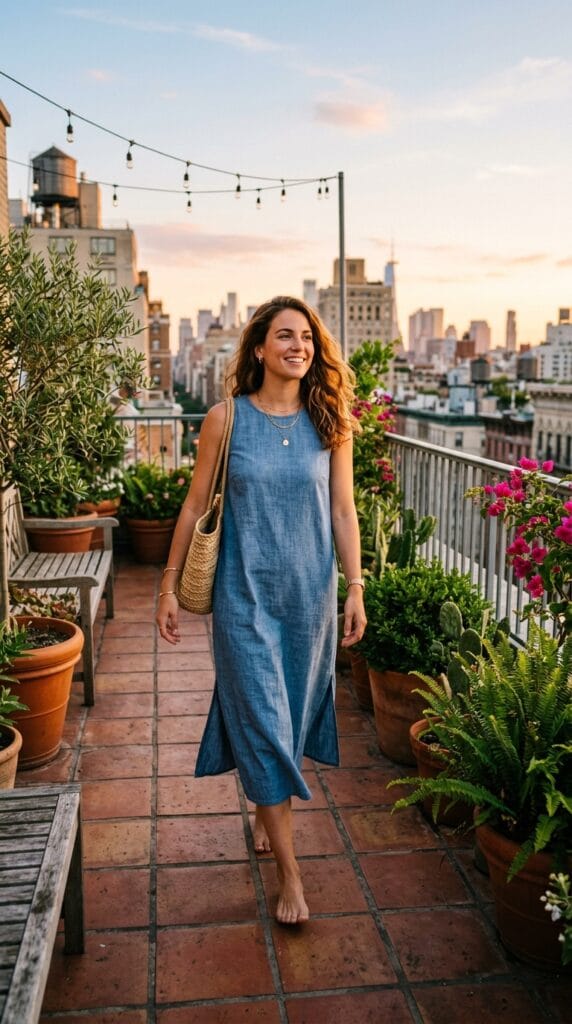 15 Cotton Summer Dresses That Keep You Cool All Day Long 12 Woman wearing a chambray blue cotton sleeveless shift dress with side slits on a rooftop terrace.