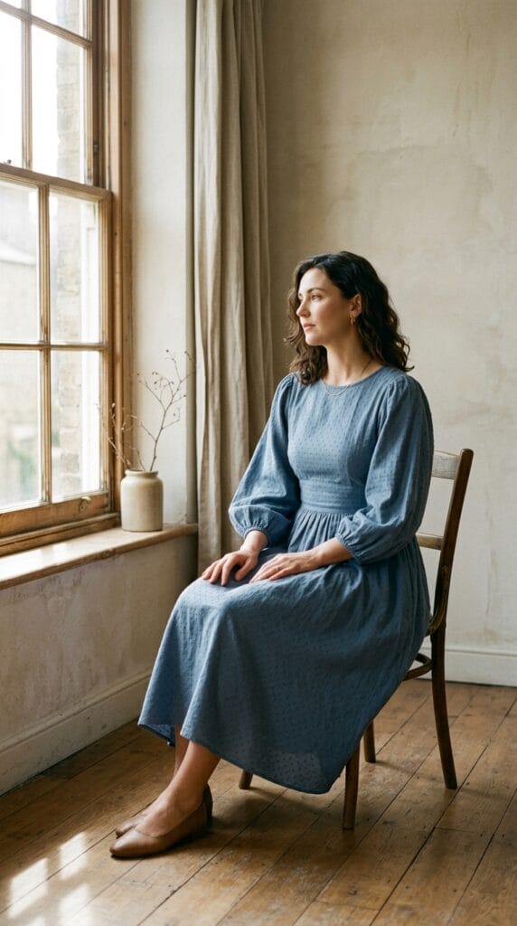 15 Cotton Summer Dresses That Keep You Cool All Day Long 9 Woman wearing a textured cotton dobby midi dress with balloon sleeves near a softly lit window.