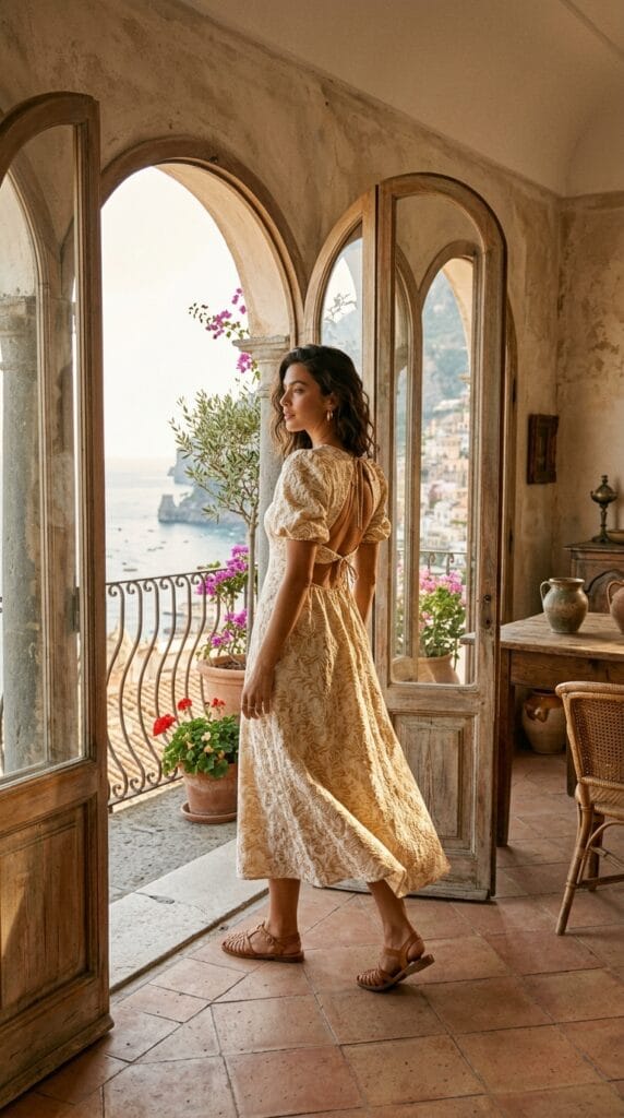 15 Cotton Summer Dresses That Keep You Cool All Day Long 14 Woman in a textured cotton jacquard short sleeve midi dress with an open back detail near arched doors.
