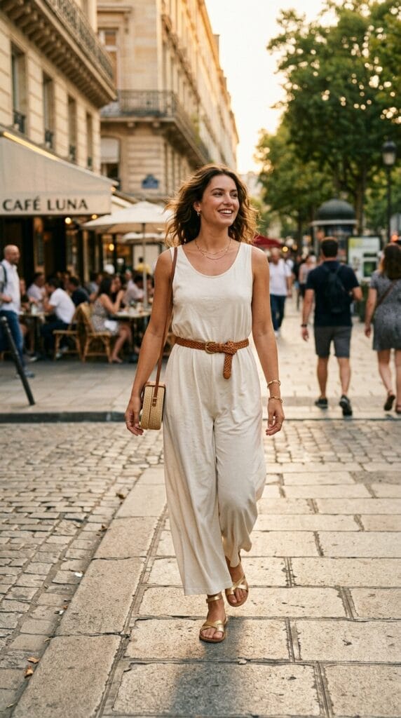 Wide-leg sleeveless cotton jersey jumpsuit with woven belt and gold flat sandals