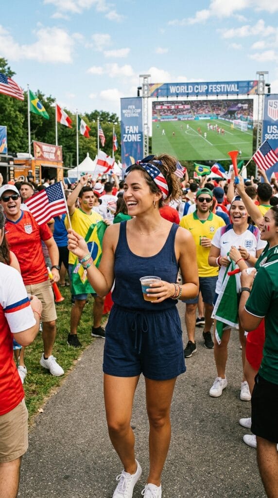 Woman in navy cotton jersey romper with flag bandana at an outdoor world cup festival.