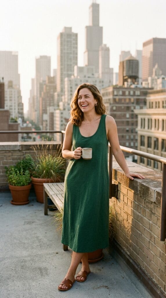 15 Cotton Summer Dresses That Keep You Cool All Day Long 7 Woman in a cotton jersey tank midi shift dress standing on a sunlit urban rooftop.