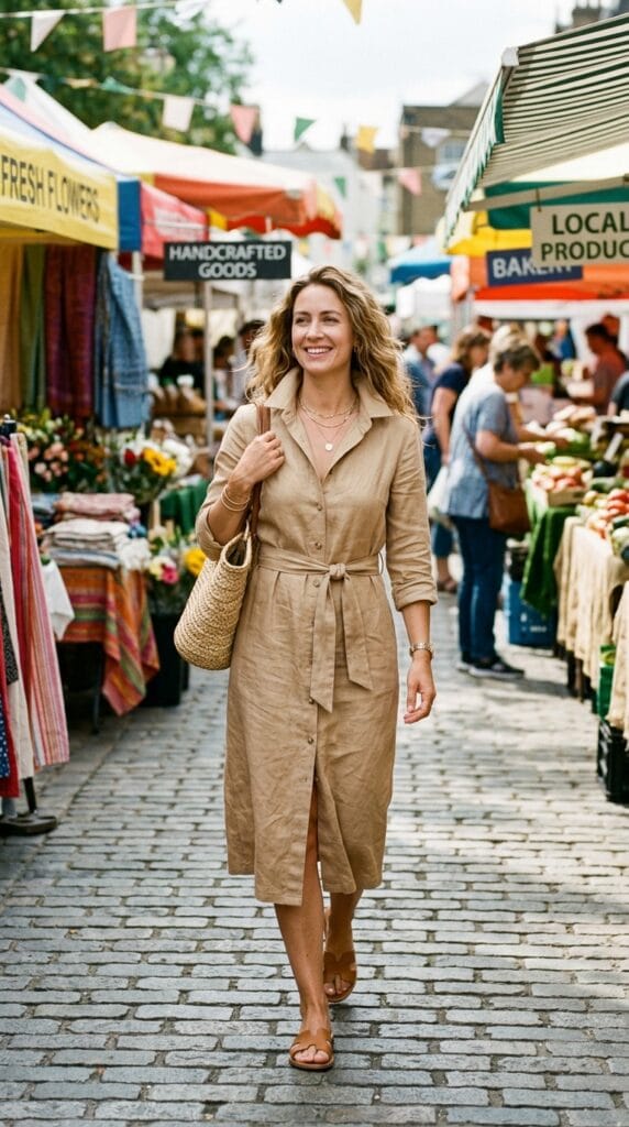 15 Cotton Summer Dresses That Keep You Cool All Day Long 16 Woman in a belted cotton linen-blend button-front shirt dress midi walking through a weekend market.