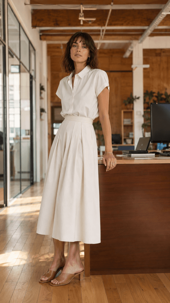 Cotton midi skirt and tucked blouse for polished summer office dressing