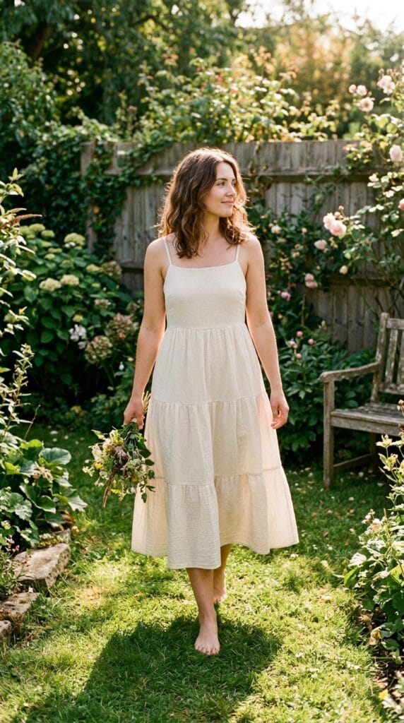 15 Cotton Summer Dresses That Keep You Cool All Day Long 13 Woman in an ecru cotton muslin square neck tiered midi dress standing in a sunny garden.