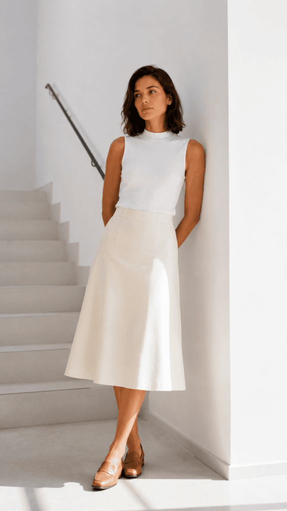 Summer Interview Outfits That Make a Professional Impression 11 Woman in cotton piqué midi skirt and mock-neck top for summer interview