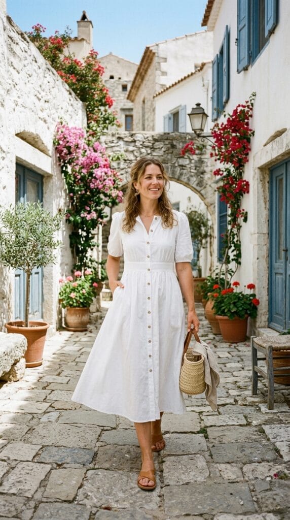 15 Cotton Summer Dresses That Keep You Cool All Day Long 3 Woman in a white cotton poplin button-through midi dress with puff sleeves standing in a sunlit courtyard.