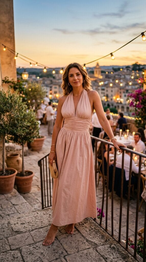 15 Cotton Summer Dresses That Keep You Cool All Day Long 15 Woman in a white cotton poplin ruched bodice halter neck maxi dress on an evening terrace.