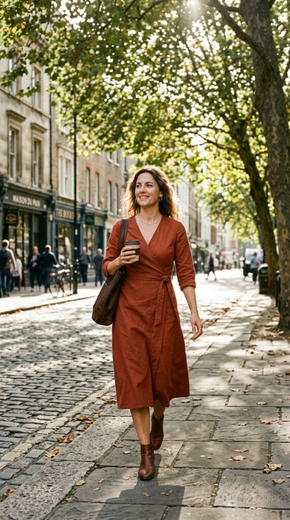 15 Cotton Summer Dresses That Keep You Cool All Day Long 6 Woman walking in a cotton twill wrap midi dress with an adjustable tie waist on a leafy street.