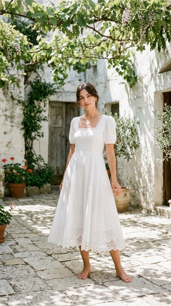 White cotton voile fitted-flared midi dress with lace hem in courtyard light
