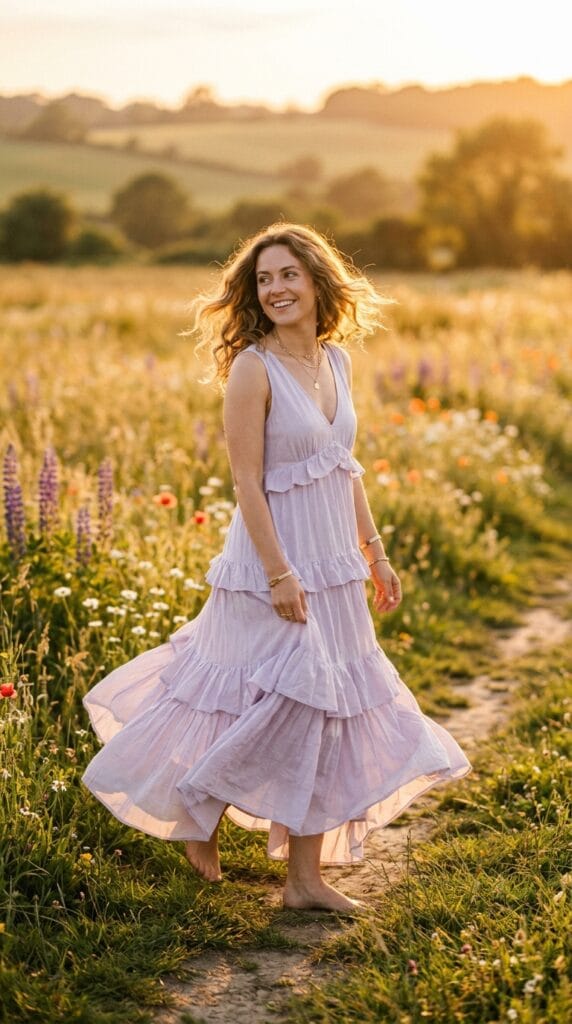 15 Cotton Summer Dresses That Keep You Cool All Day Long 8 Woman in a pale cotton voile tiered ruffle maxi dress standing in a golden afternoon meadow.