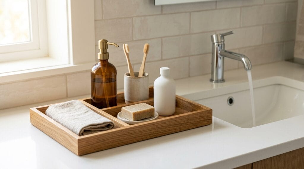 Budget Friendly Bathroom Organization: Full Reset Under $40 11 Bathroom countertop tray neatly grouping daily essentials beside sink area