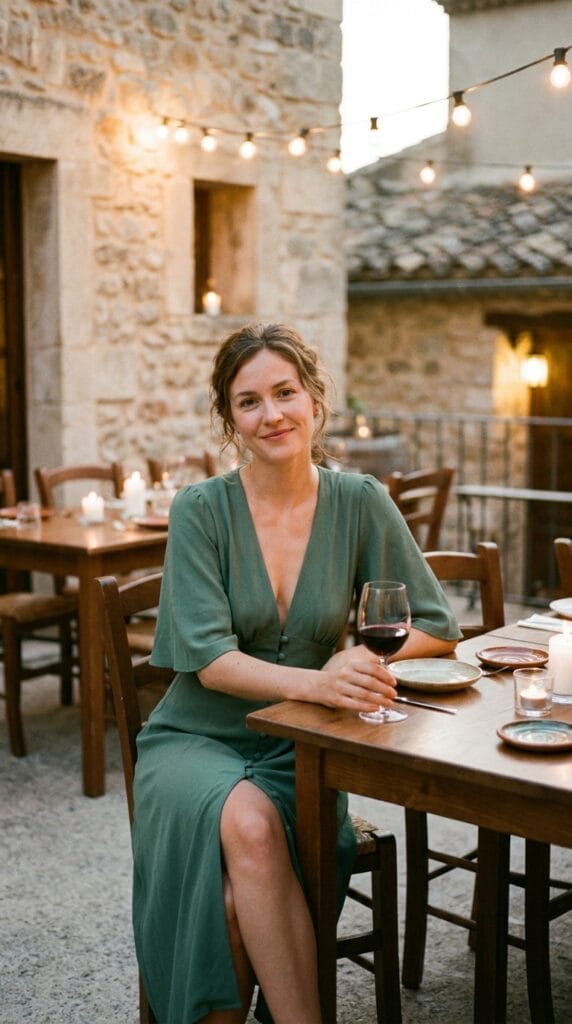 10 Summer Vacation Dresses Packing Guide For Her 6 Woman in sage crepe button-through midi dress at candlelit terrace restaurant, evening.