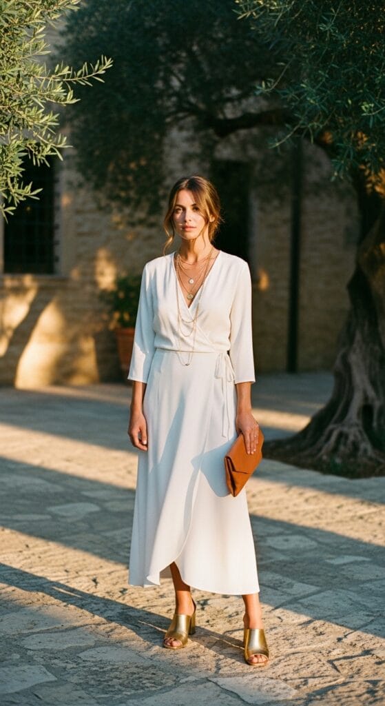 White Boho Dress Outfits That Feel Fresh and Effortlessly Angelic 9 Woman in white crepe wrap midi dress with layered gold necklaces in warm courtyard