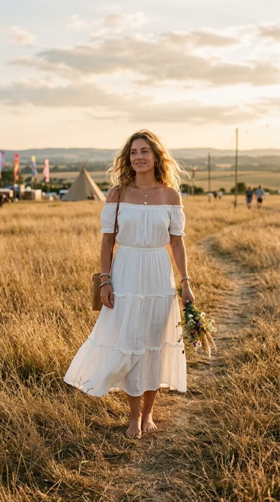 White crinkle rayon off-shoulder tiered midi dress in open golden field