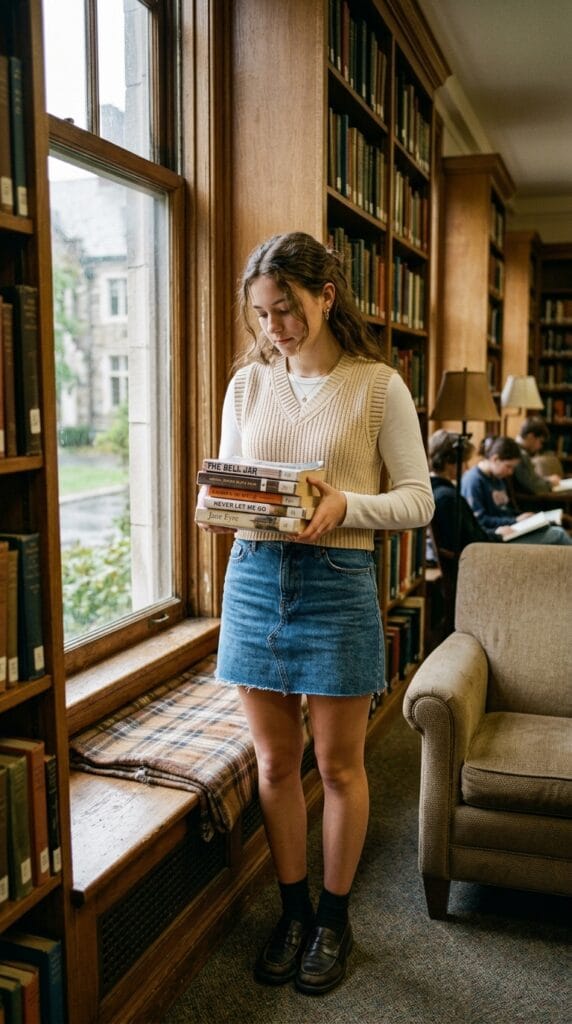 Teen girl in cropped sweater vest and denim skirt in school library nook