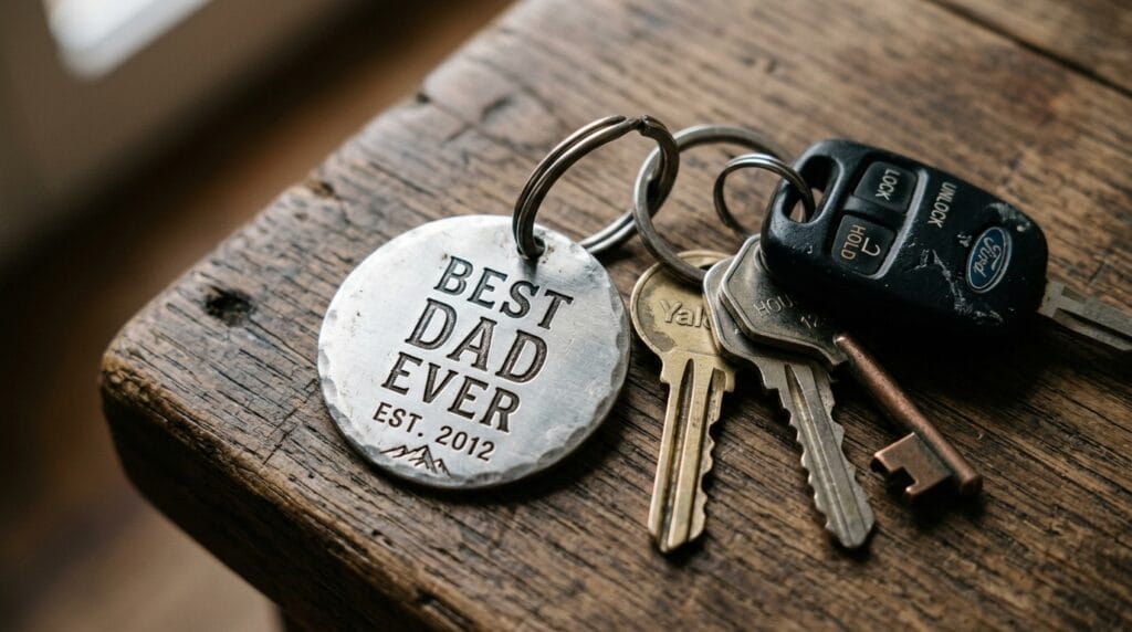 Cheap Father's Day Gift Ideas Under $25 7 Metal dad-themed keychain with engraved lettering resting beside a set of keys.