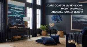Moody dark coastal living room with navy tones, natural textures, and ocean-inspired decor.