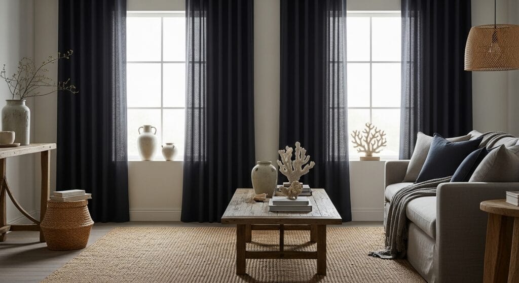 Dark Coastal Living Room: Moody, Dramatic, and Still Totally Beachy 9 Dark navy linen curtains hanging floor to ceiling in a moody coastal living room.