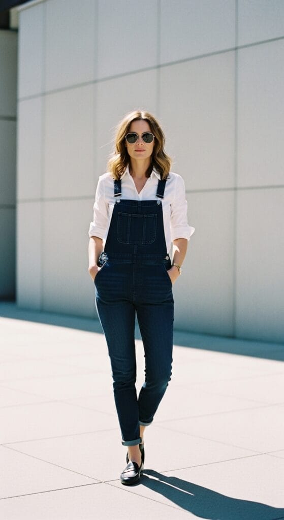 9 Denim Overalls Outfit Ideas Women Are Actually Wearing 6 Dark wash slim denim overalls with a white button-down collar, polished casual summer look.