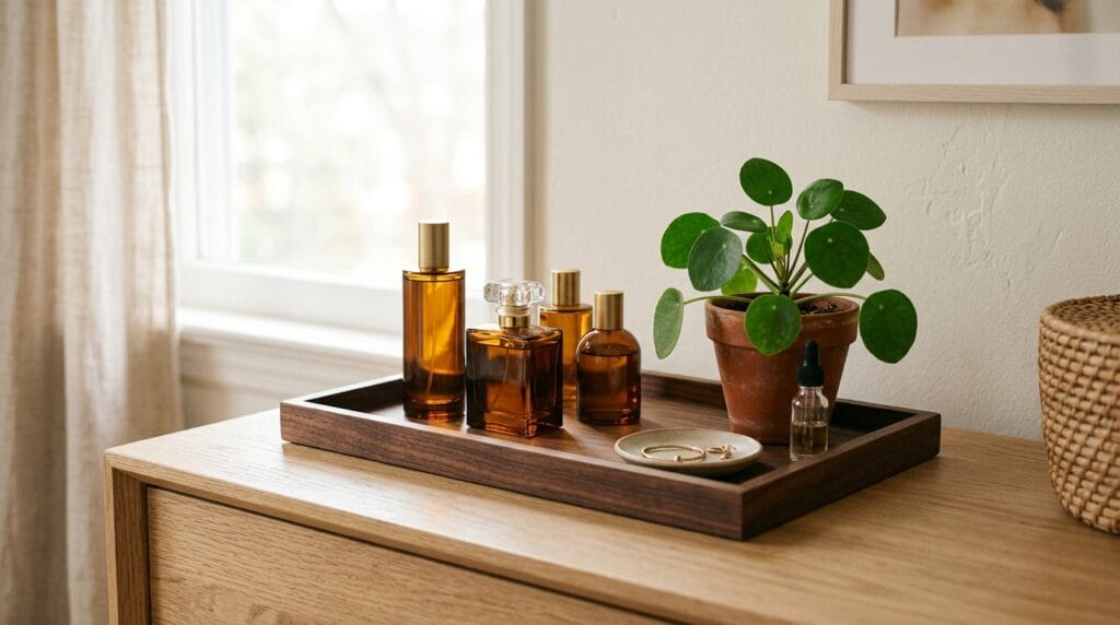 17 Chic Perfume Tray Ideas for a Luxurious Vanity Setup 7 Dark wood rectangular tray with natural grain displayed on a bedroom vanity dresser surface.