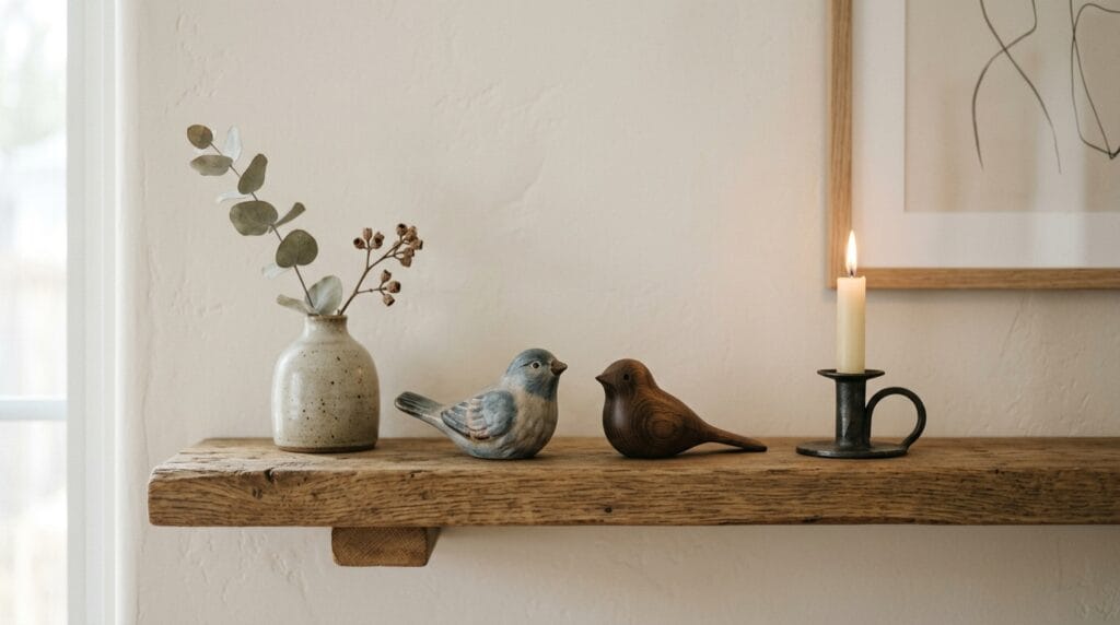 Cheap living room makeover: affordable decor finds under $30 10 Two decorative bird figurines on a styled wooden shelf alongside a vase and candle.