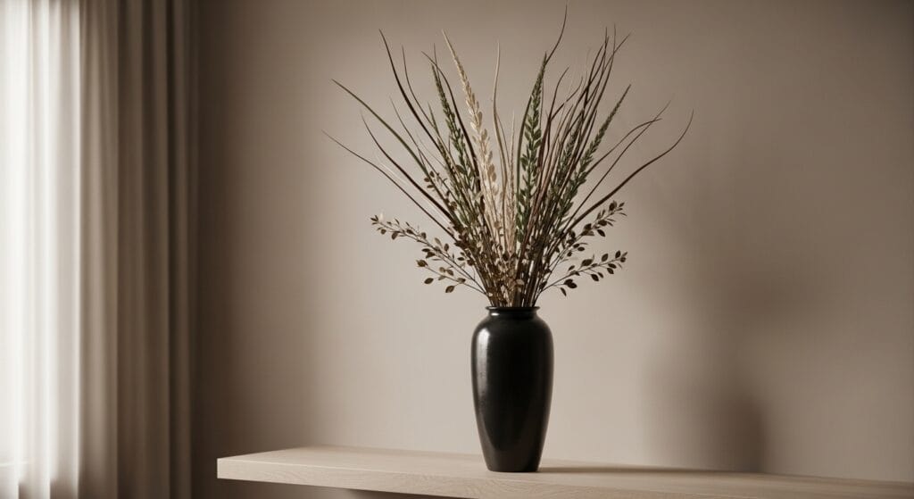 Tall dark vase with decorative dried branches on a living room shelf vignette.