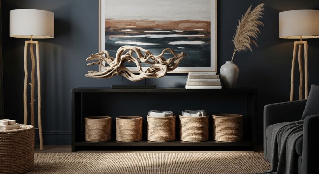 Dark Coastal Living Room: Moody, Dramatic, and Still Totally Beachy 11 Decorative driftwood sculpture displayed on a black console table in a dark coastal living room.